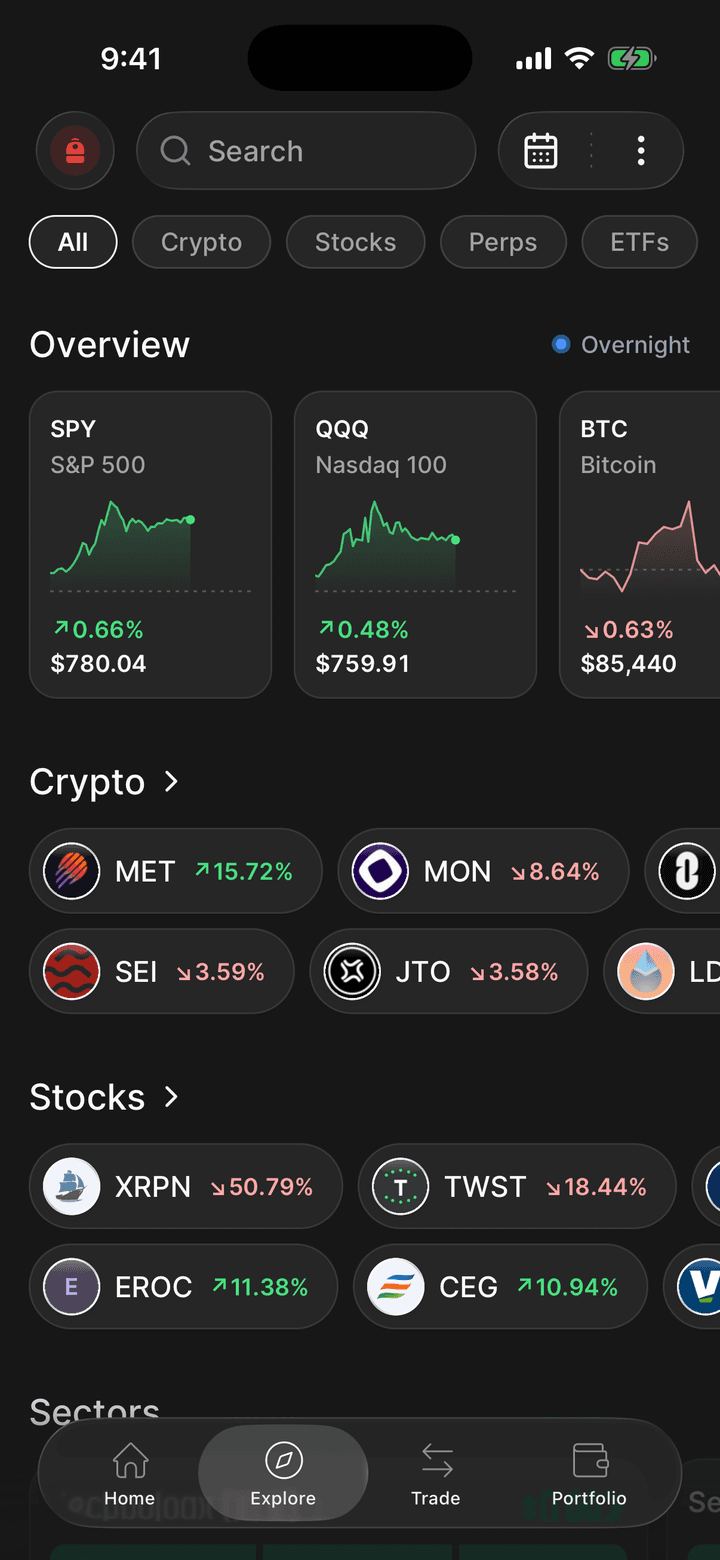 The Explore tab of the Backpack app, with a market overview and top movers.