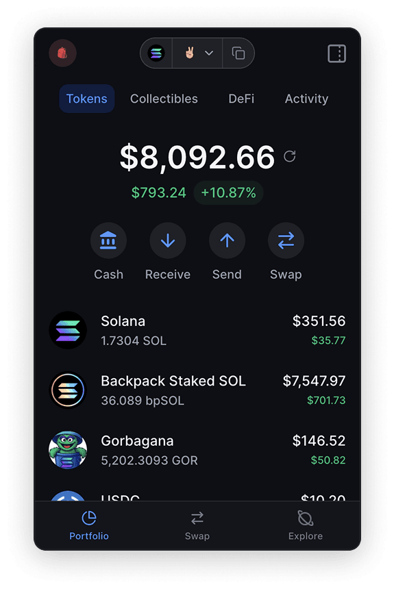 The Backpack browser extension, with a token portfolio and swap, send and receive actions.