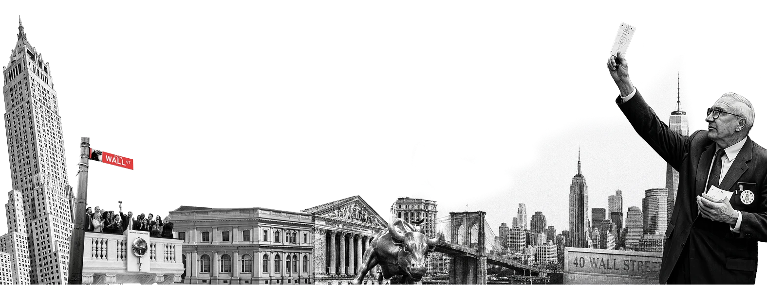 A black-and-white collage of Wall Street landmarks and market history.